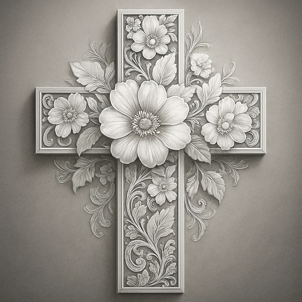 a detailed bright grey flower cross, intricate floral patterns, high contrast, elegant and luminous emoji