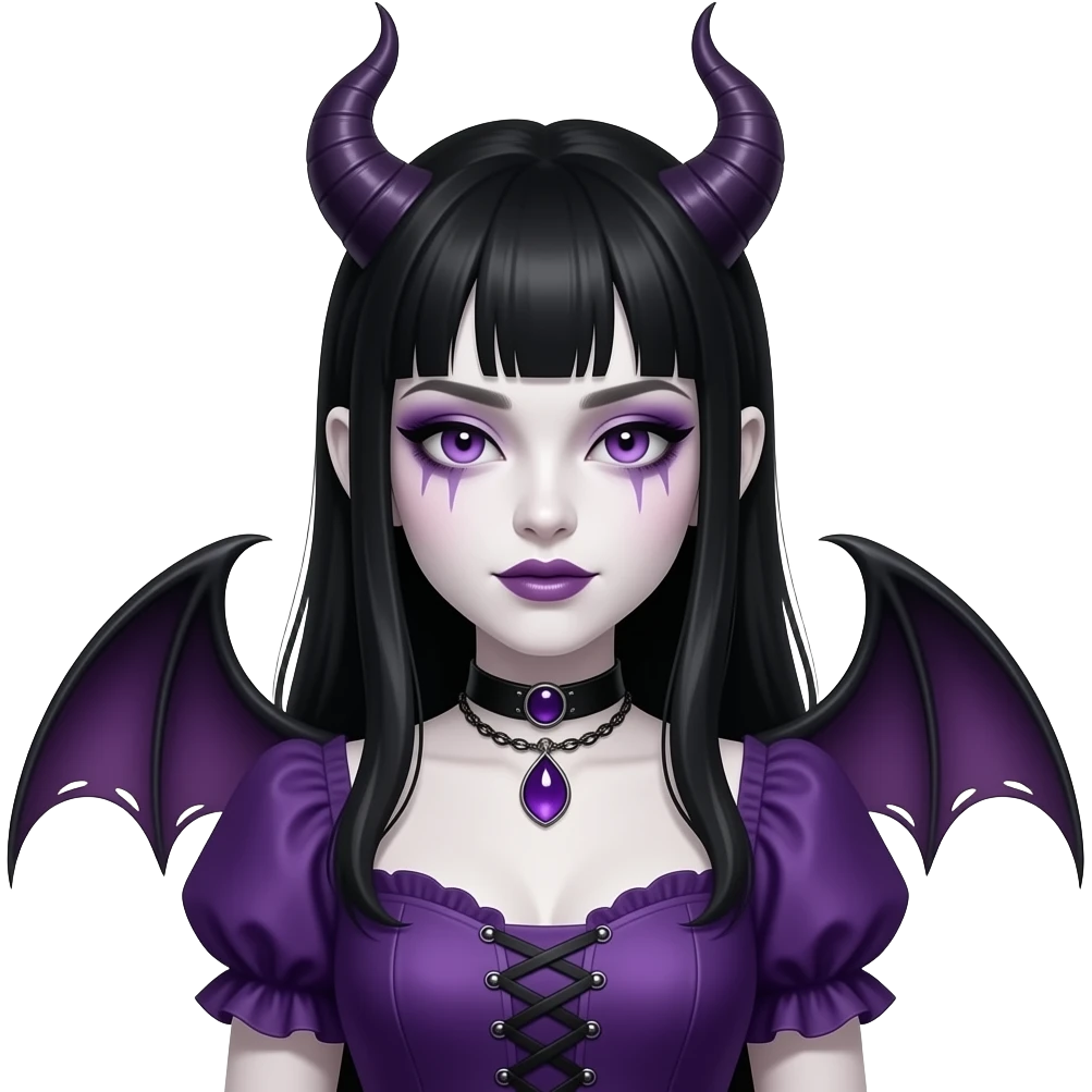 a ghotic succubus, ghotic makeup, arm black hair, white skin, and purple details, pruple dress emoji