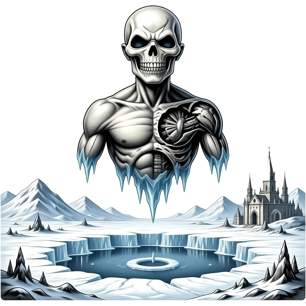 iron maiden eddie mascot - deformed upper body hovers over frozen landscape - a Gustave Doré piece, depicting traitors frozen in a lake of ice in the ninth circle of Dante's Inferno emoji