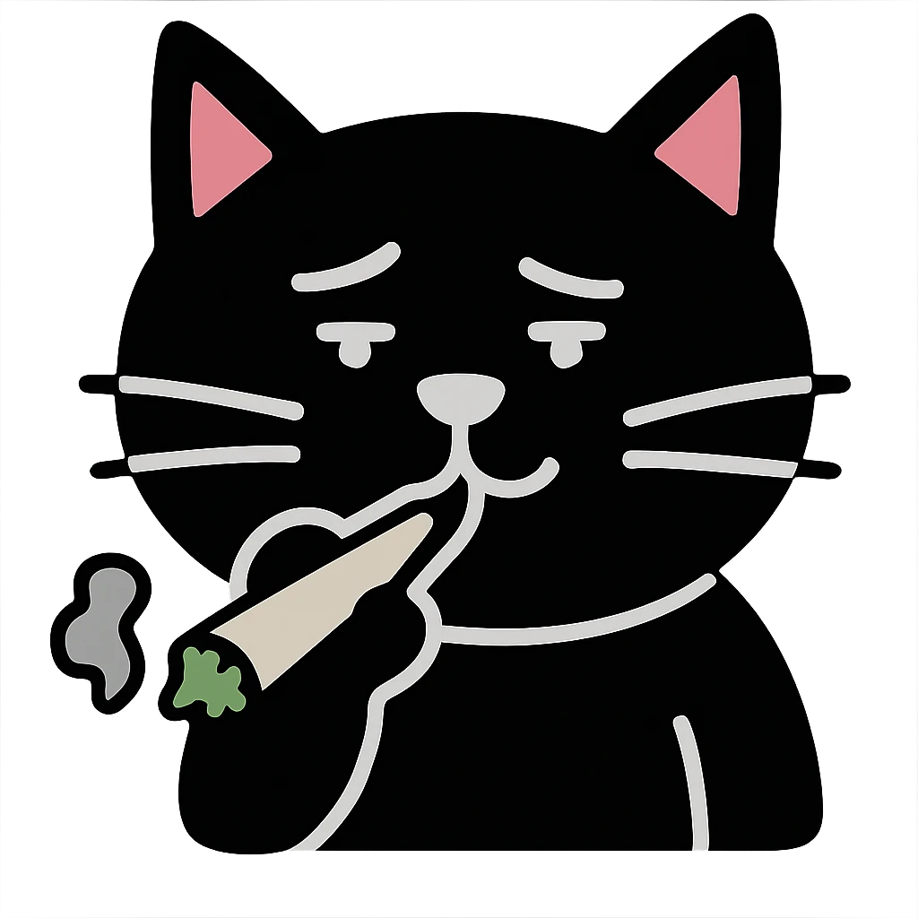 Make the cat black and make the joint clearly look like it contains weed, with a green leafy tip and a burning end, keep the background transparent. The style should be preserved as in the original image. emoji