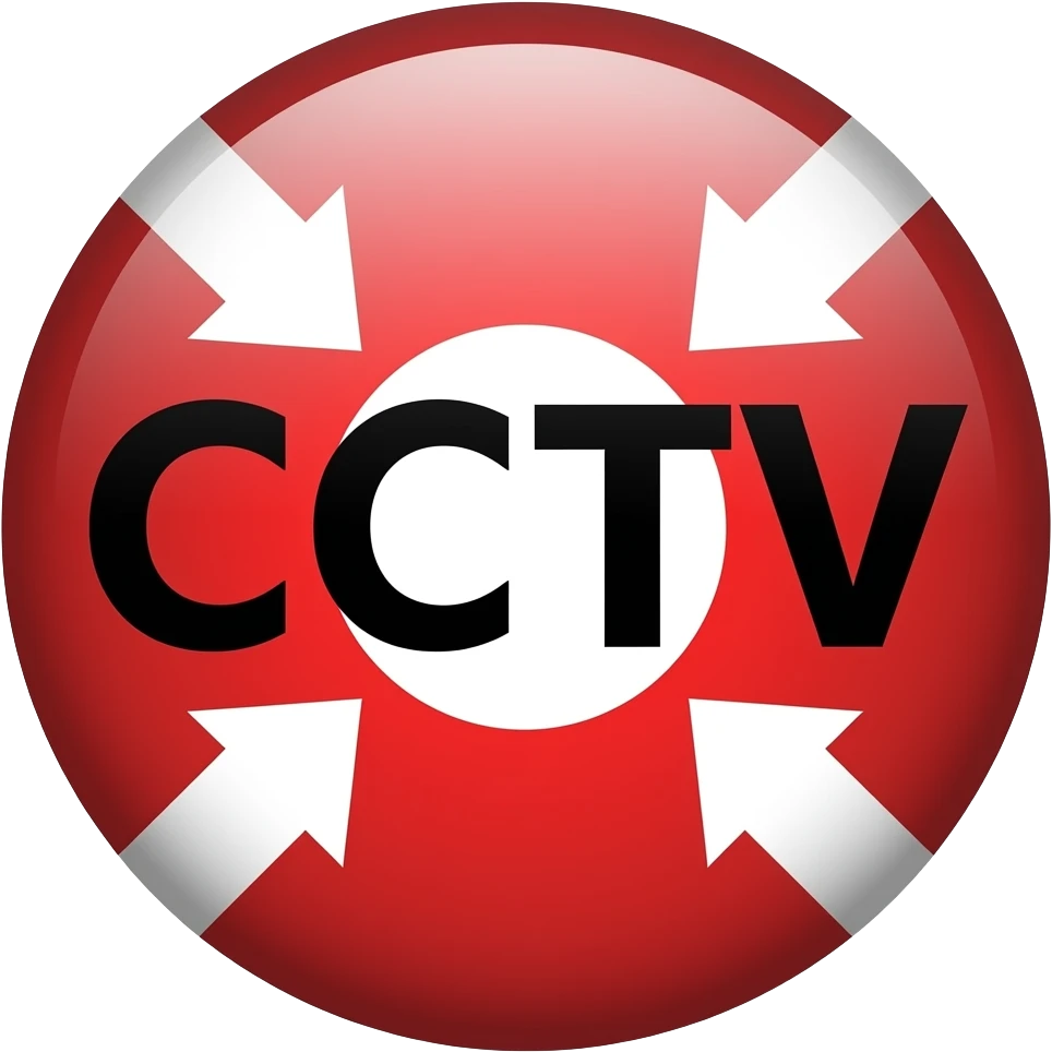 Red filled circle with white X and arrow on all end points on the X white circle in the middle. Big bold CCTV word in the centre in black emoji
