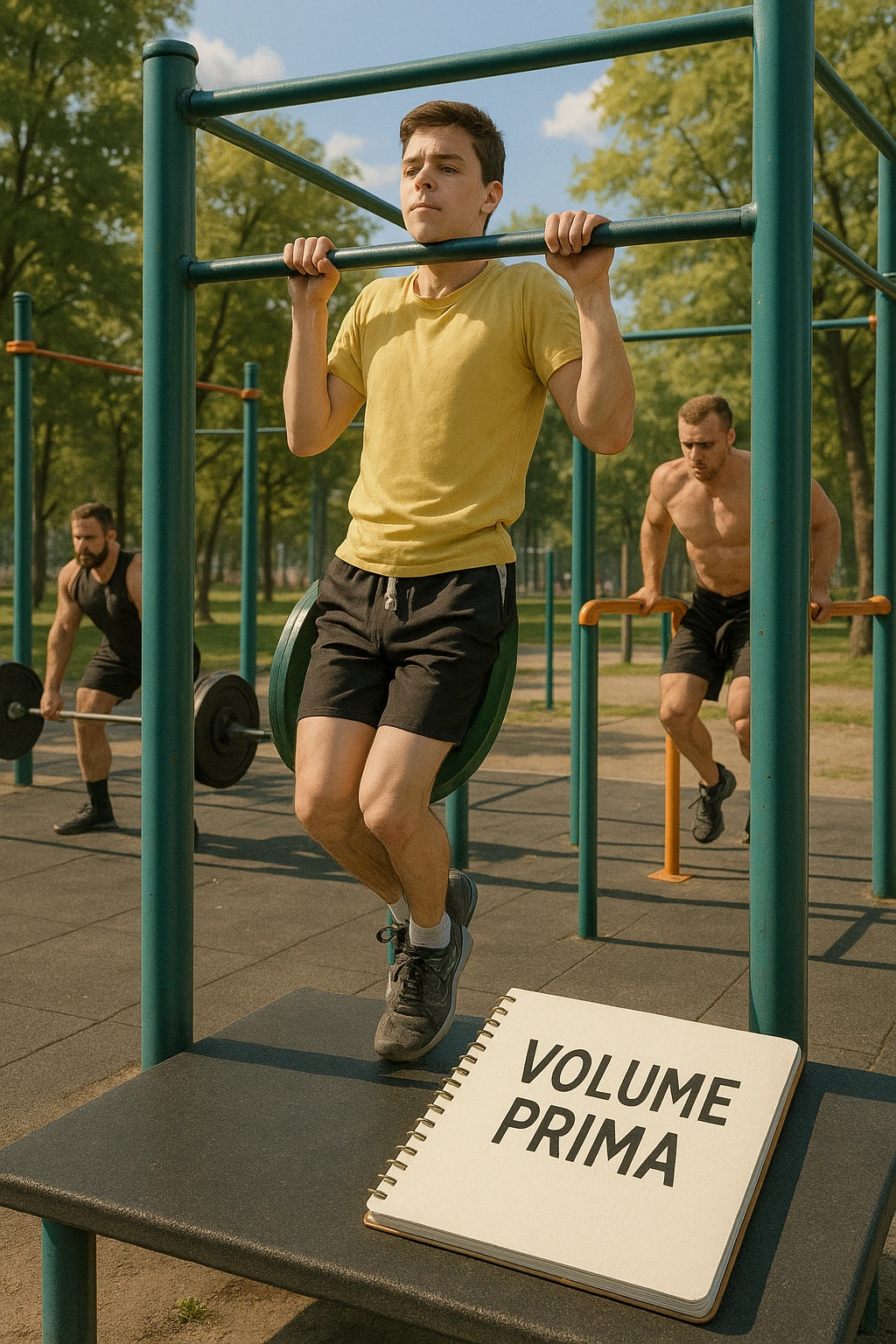 Atleta neofita giovane in un parco attrezzato per streetlifting, fisico ancora in fase iniziale. È intento a eseguire molte ripetizioni di esercizi a corpo libero con pesi leggeri (zavorra moderata), come trazioni e dip su parallele. Accanto a lui un taccuino di allenamento con la scritta 'Volume Prima'. L’atmosfera è luminosa e motivante, con altri atleti più muscolosi che sollevano carichi pesanti, ma lui è concentrato sul gesto tecnico e sulla costanza. Stile realistico, colori naturali, messaggio educativo su priorità all’adattamento progressivo e al volume. emoji