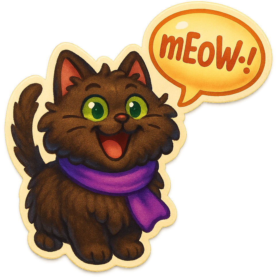 Fluffy cute derpy silly smiling happy funny dark-brown cat with green eyes and a purple scarf saying ‘mEoW~!’ (With a speech bubble) emoji