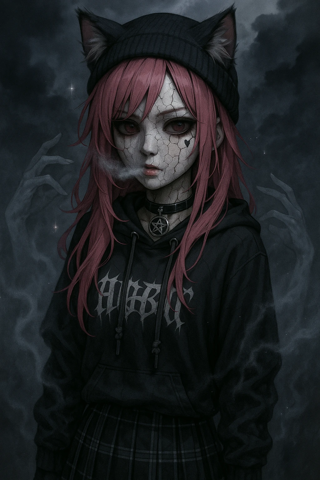realistic anime catgirl with pink hair, emo streetwear, heart tattoo under left eye, dark magical accessory, sparkles, stormy background, ghostly horror look with cracked porcelain skin, misty breath, and spectral hands emoji