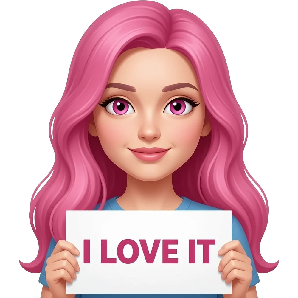 sexy girl with long pink hair and pink eyes holding I LOVE IT sign emoji