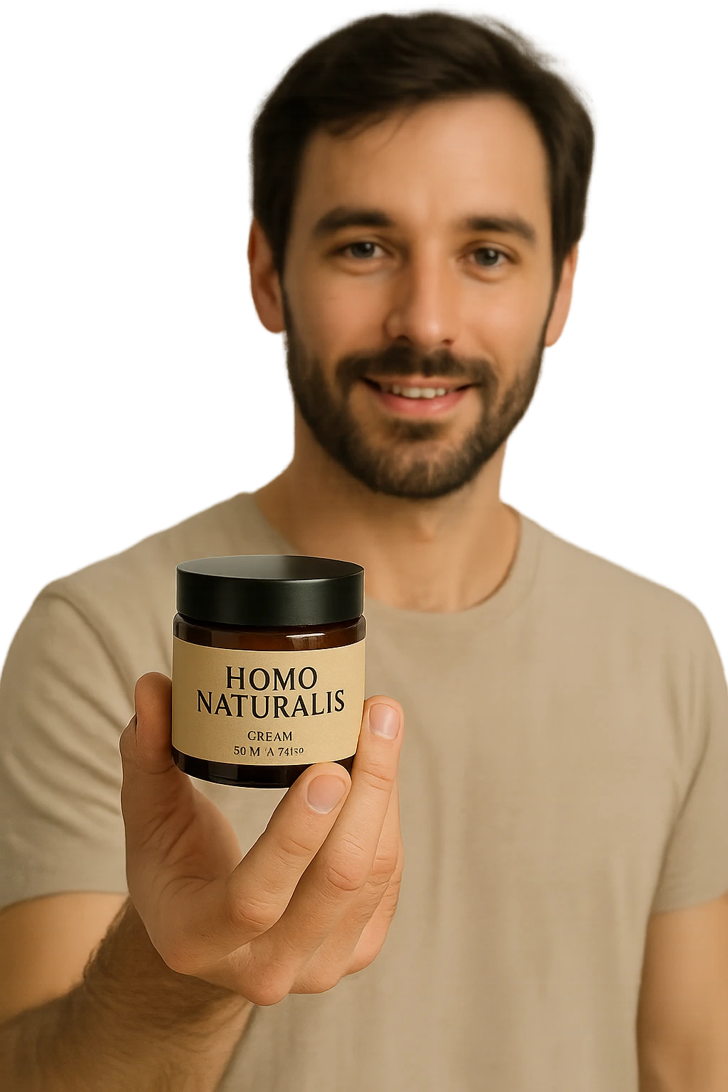 uomo con in mano un prodotto crema di marca "Homo Naturalis" emoji