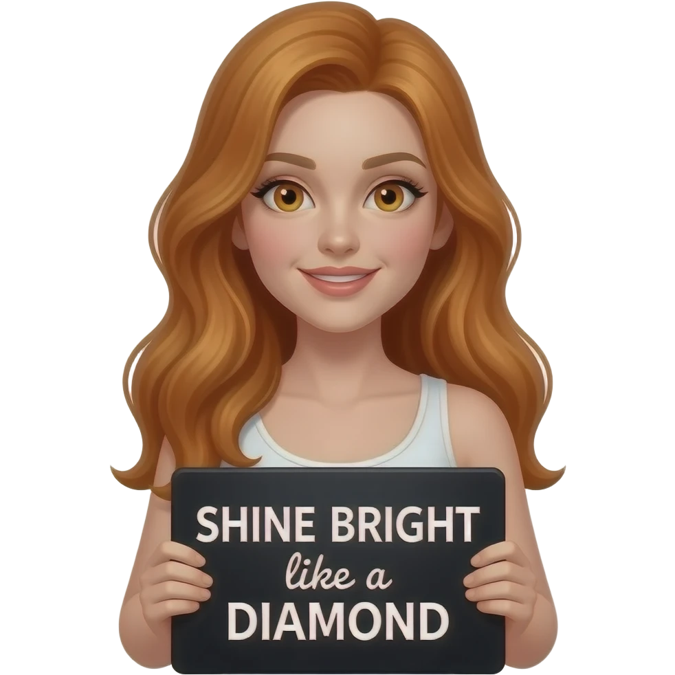sexy girl with long ginger hair and ginger eyes wearing a white tanktop is holding a black sign with SHINE BRIGHT like a DIAMOND written on it emoji