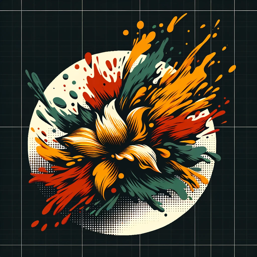 t-shirt design background, abstract irregular splash shape, warm fall colors (pumpkin orange, golden yellow, deep red, forest green), artistic ink splash effect, modern design, transparent background, isolated graphic emoji