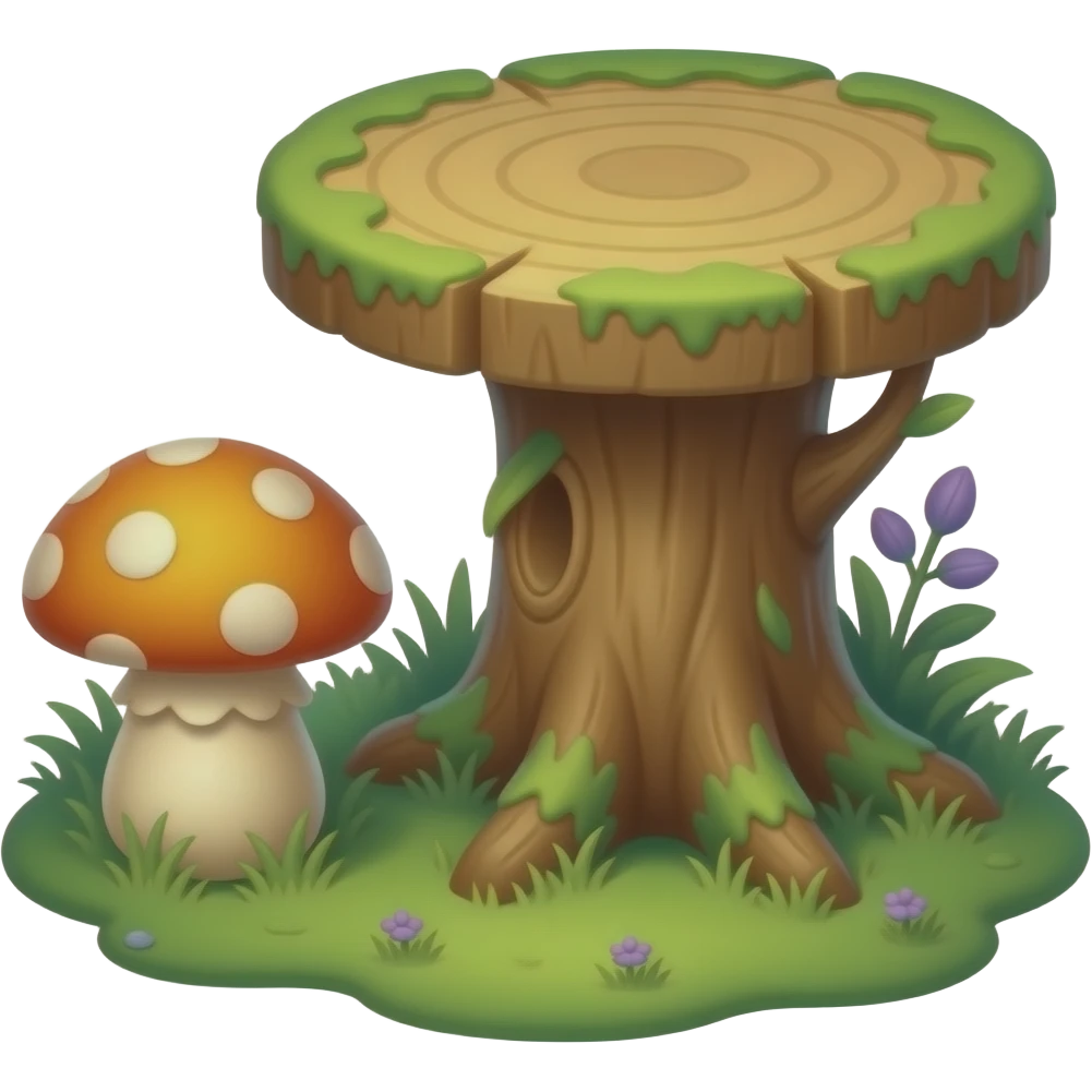 Low mushroom stool for sitting, rounded cap. Separate taller tree stump table beside it. Elegant botanical fantasy, green, amber, subtle violet accents. emoji
