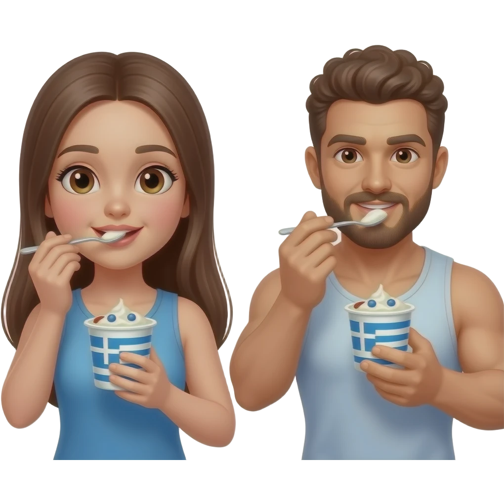 Realistic pale skin brown long straight hair girl eating greek yogurt and her short brown curly hair and beard muscular man eating greek yogurt HD emoji