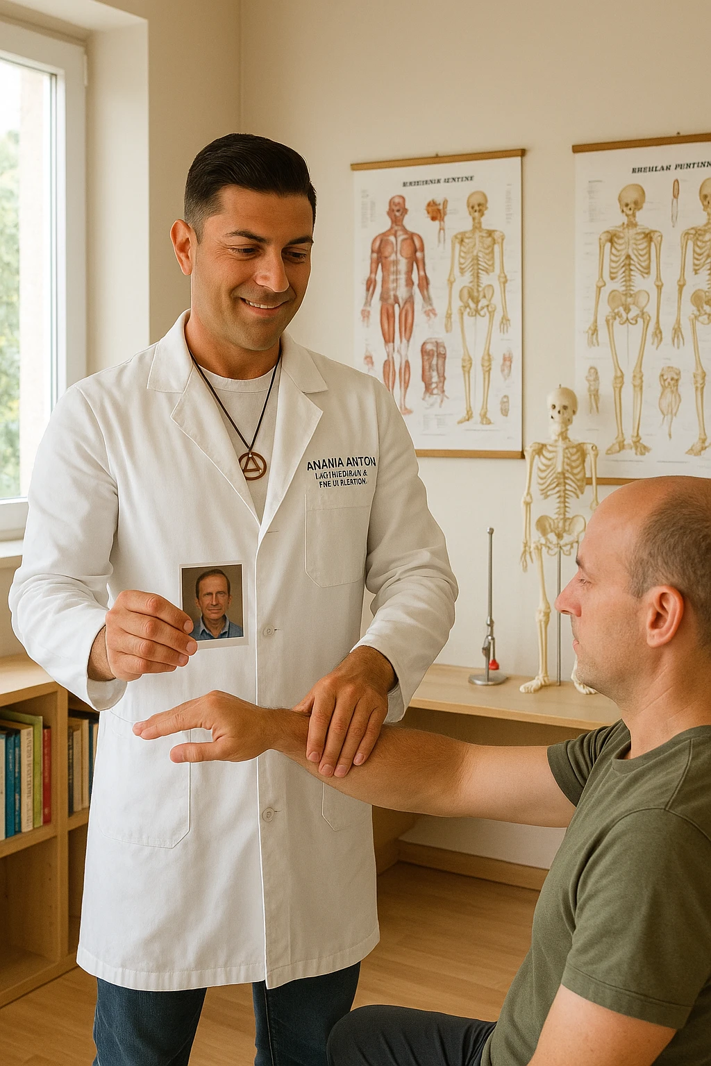 a middle-aged man, dressed in casual professional attire, is in a bright, organized therapy studio. Durante una visita di kinesiologia, il ragazzo tiene con una mano la foto di una persona lontana (il “testimone”) tiene la foto in mano, mentre con l’altra mano esegue un test muscolare su un cliente presente senza foto. Sullo sfondo si vedono libri di kinesiologia, poster anatomici e strumenti tipici della disciplina. L’atmosfera è concentrata e serena, con luce naturale che entra dalla finestra, sottolineando l’aspetto alternativo e umano della pratica. emoji