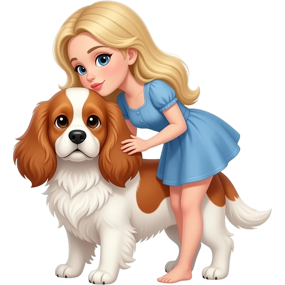 White woman with Long blond hair kissing White/red cockerspaniel on head emoji