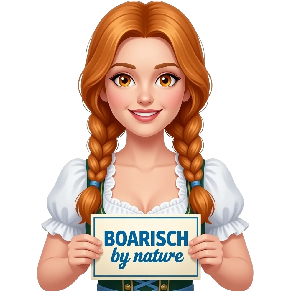 sexy girl with overlong ginger hair in braids and ginger eyes wearing a dirndl holding a BOARISCH by nature sign emoji