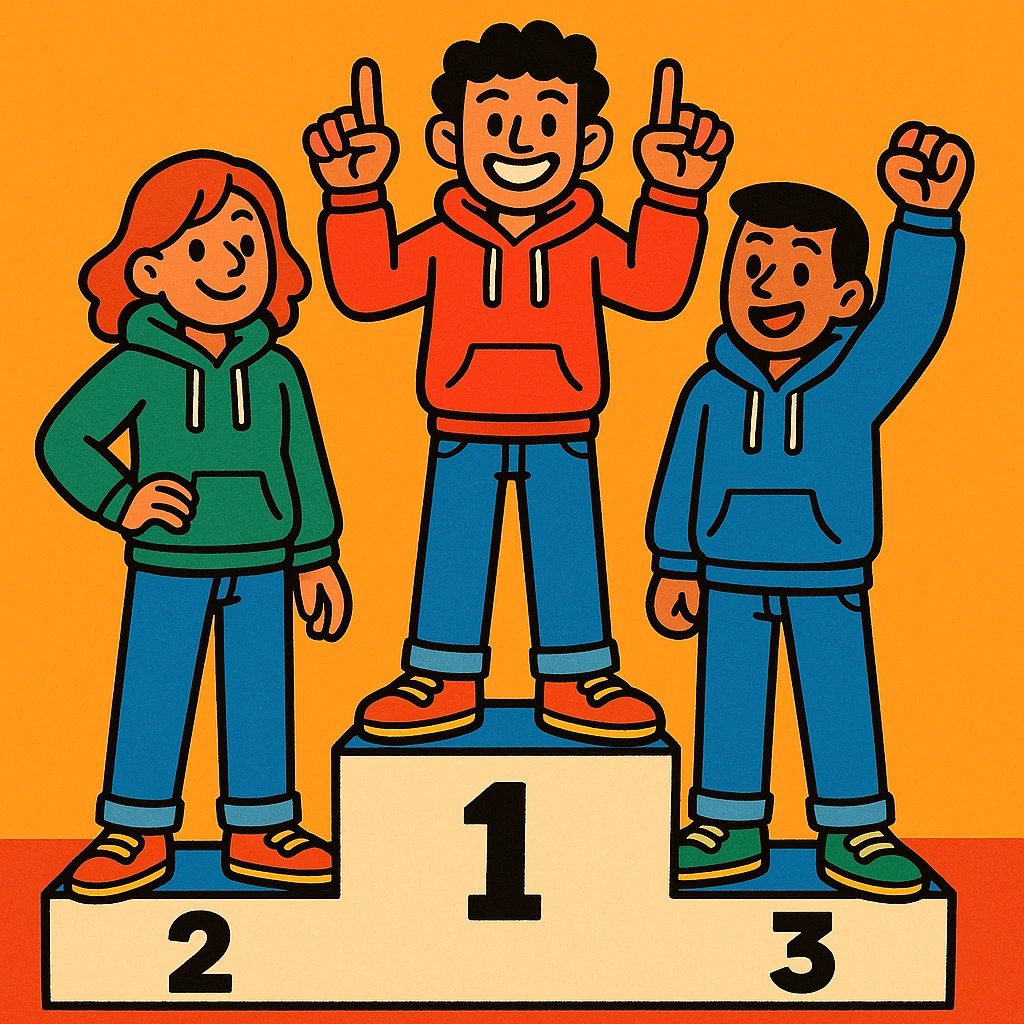 Three people in jeans and hoodies on a winners’ podium (2, 1, 3 left to right). Center person on 1 step holds up one finger on each hand. Bright, cheerful, expressive illustration. emoji