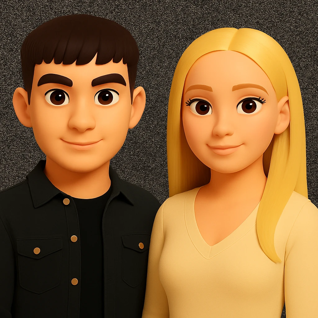 Make the people in the image stand slightly farther apart from each other, preserving the original style and background. emoji