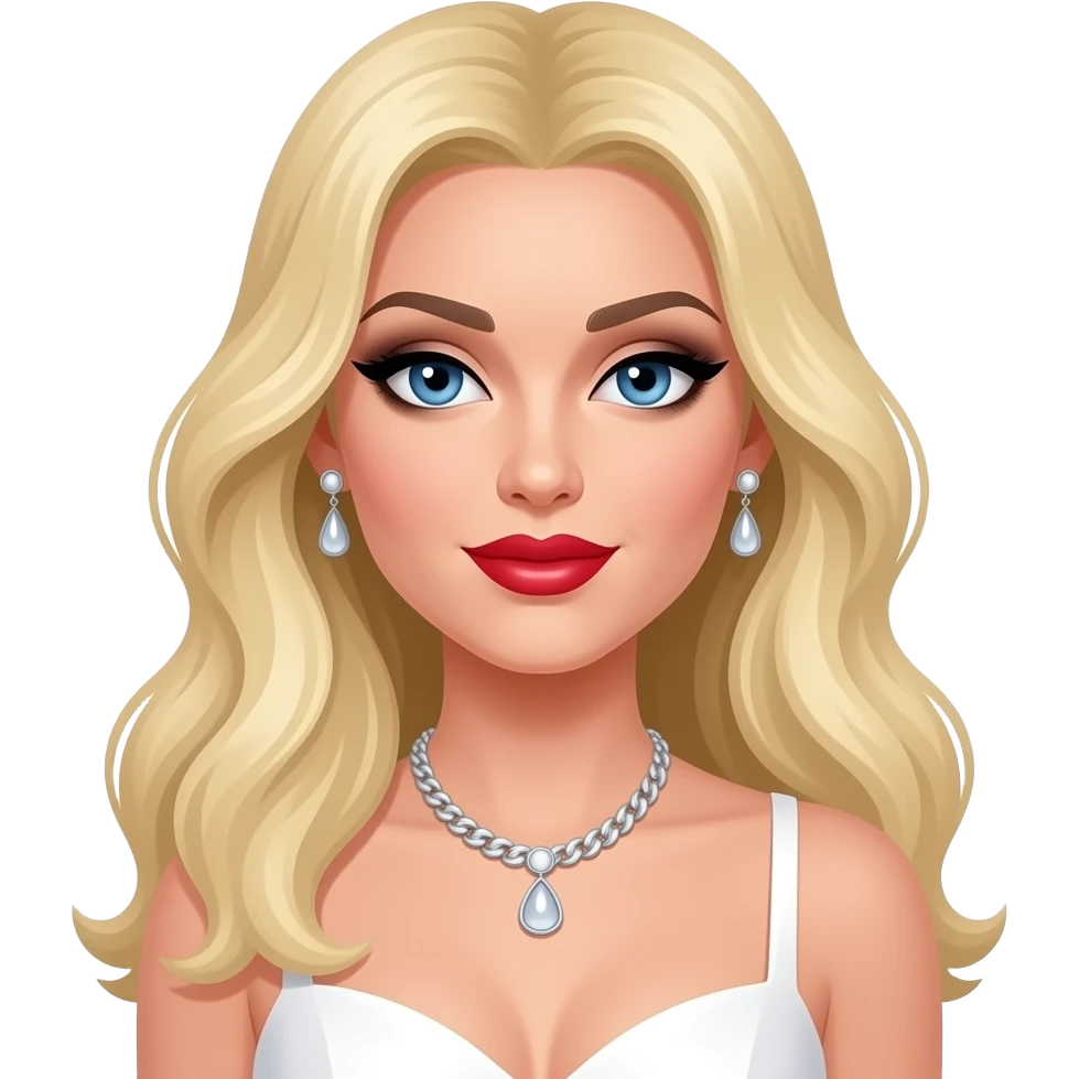 Madonna with blue eyes, long blonde hair, black eyeshadow, red lipstick, white pop idol outfit , necklace and earrings emoji