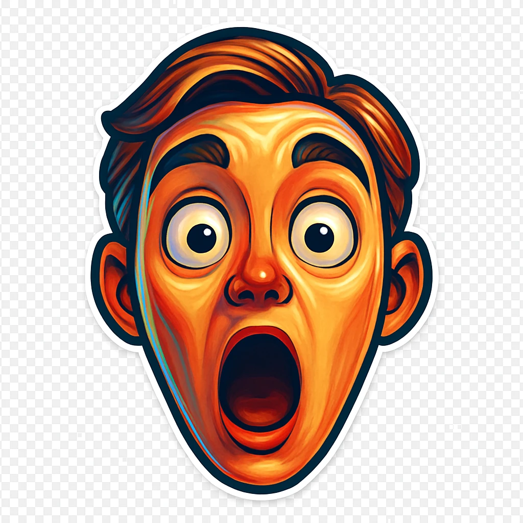 Create a cartoon sticker with a surprised expression in the style of Flux Pro, with a transparent background. The style should reflect the vibrant and detailed characteristics of Flux Pro style. emoji