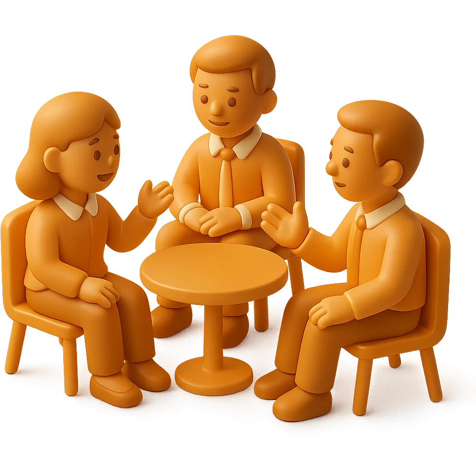 a group of employees with normal skin tones, sitting in a break area, having a friendly conversation emoji