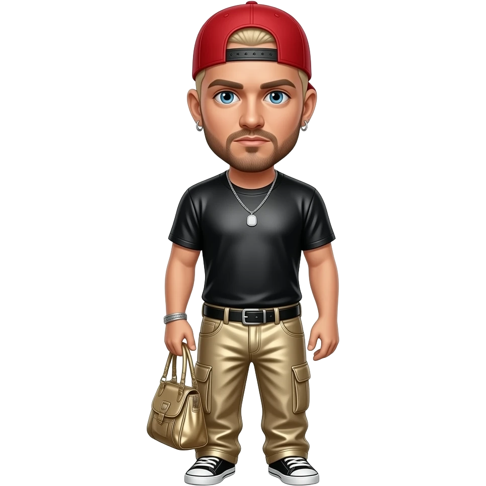 Fred Durst with blue eyes, blonde buzz cut hair, red cap, black metallic metal t-shirt, beige metallic metal baggy pants, necklace and earrings emoji