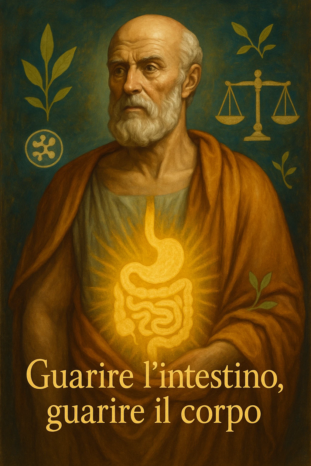 Vertical format: Portrait of Hippocrates with a glowing aura on the abdomen, symbols of intestinal balance, Italian text: 'Guarire l’intestino, guarire il corpo.' emoji