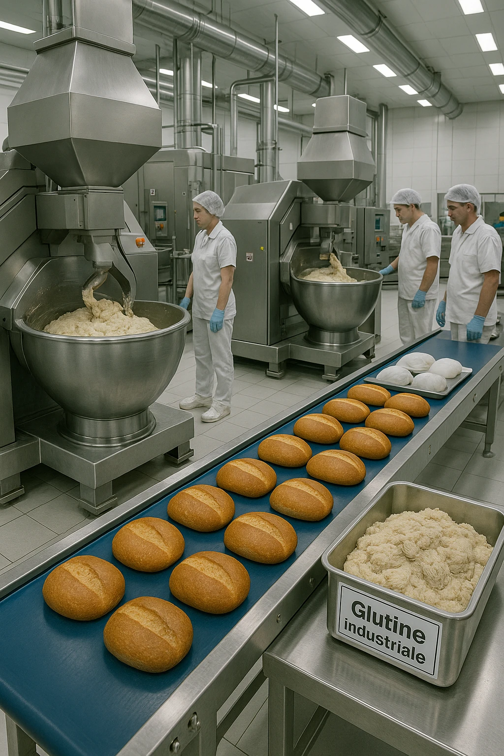 a modern food processing factory interior, with large stainless steel machines mixing and kneading dough. In the foreground, a conveyor belt carries loaves of bread and trays of raw gluten, labeled “Glutine industriale” Workers in uniforms and hairnets monitor the process. The atmosphere is clean, efficient, and slightly clinical. emoji