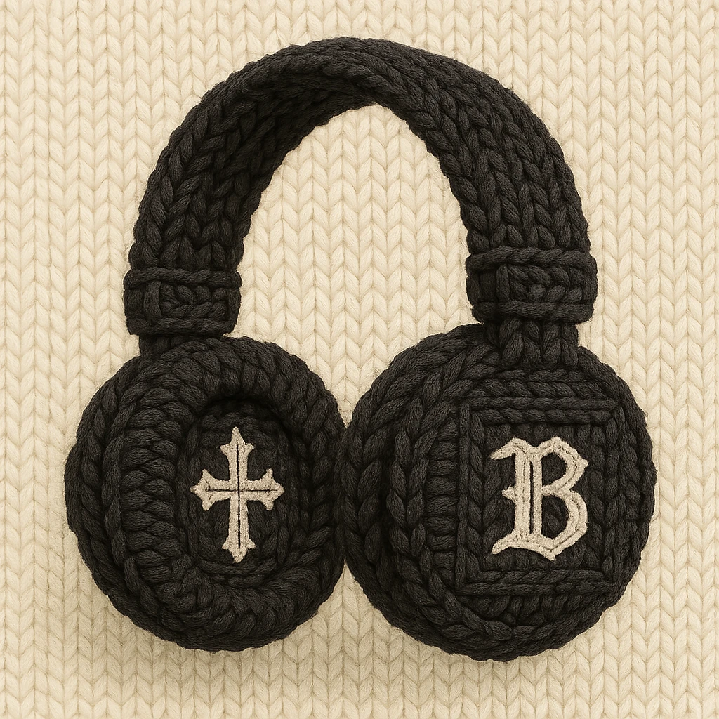 black gothic headphones with yarn textures and gothic embroidery in knitted patch style emoji