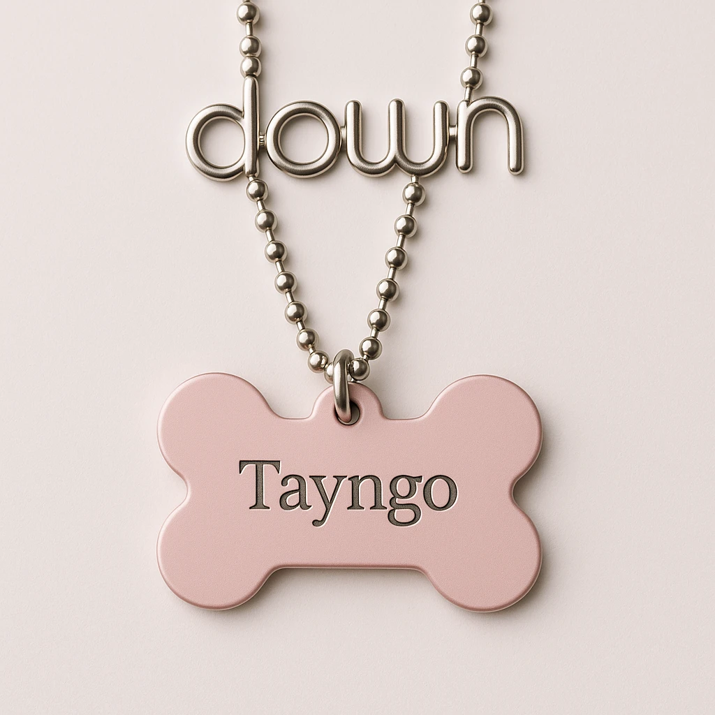light pink dogtag with the word 'Tayngo' engraved on the tag, and the chain of the dogtag spells out the word 'down' in a modern style emoji