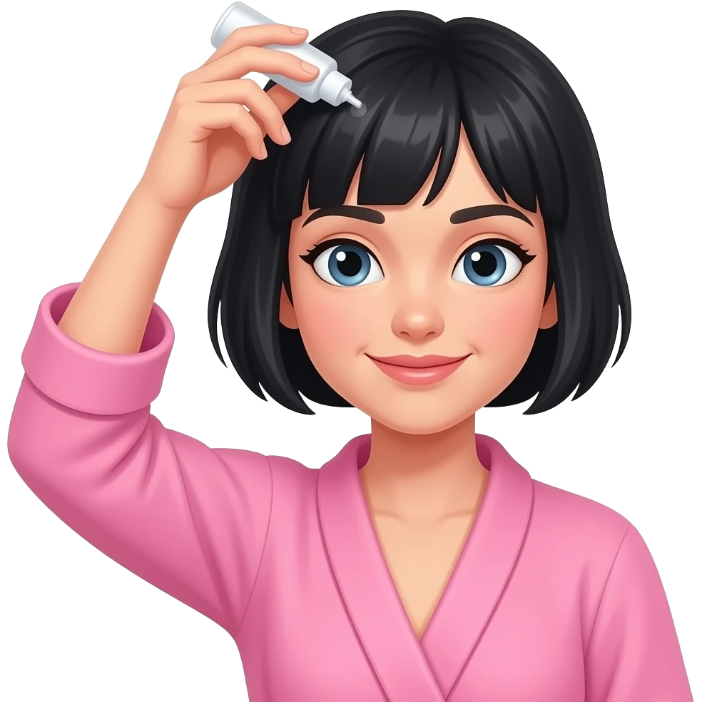 White girl taking care of her black short hair by giving herself a hair tonic massage, wearing a pink robe, iPhone emoji style emoji