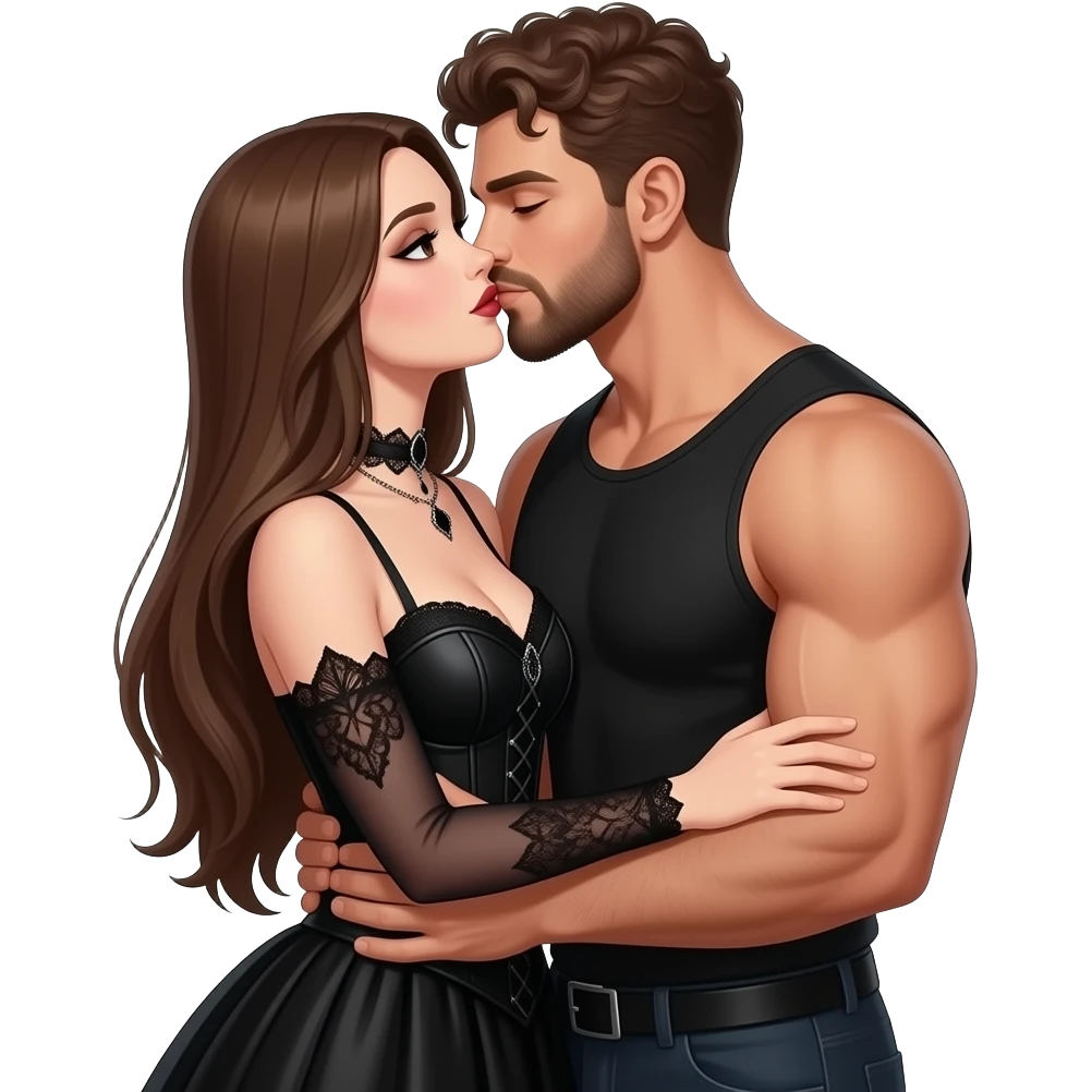 realistic sexy pale skin long straight brown hair girl brown eyes long face wearing gothic dress and gothic makeup HD and her muscular man short brown curly hair and beard hugging and kissing emoji
