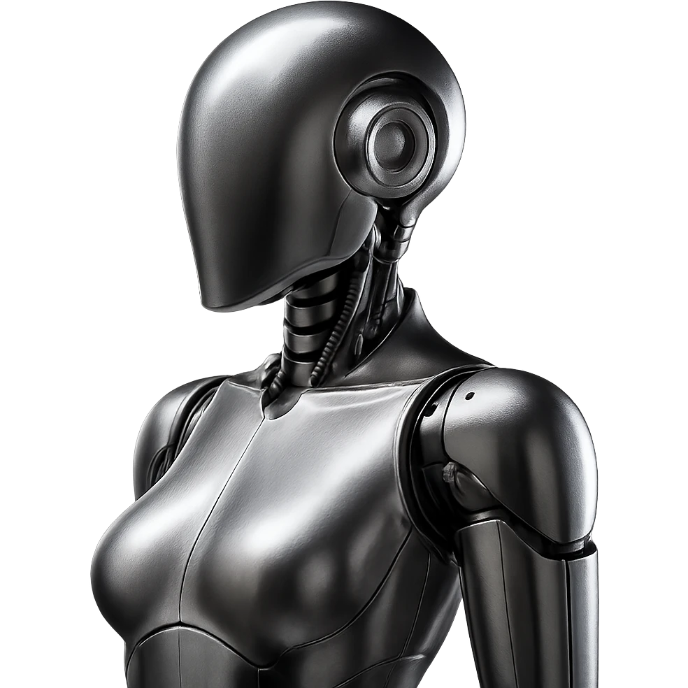 Make the robot a little less revealing while maintaining a realistic metallic style with a shiny chrome finish and dramatic lighting. emoji