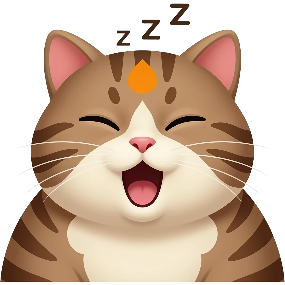 Fat Brown and cream color tabby cat with orange spot on forehead. Sleepy face yawning and covering mouth with ZZZ over head emoji