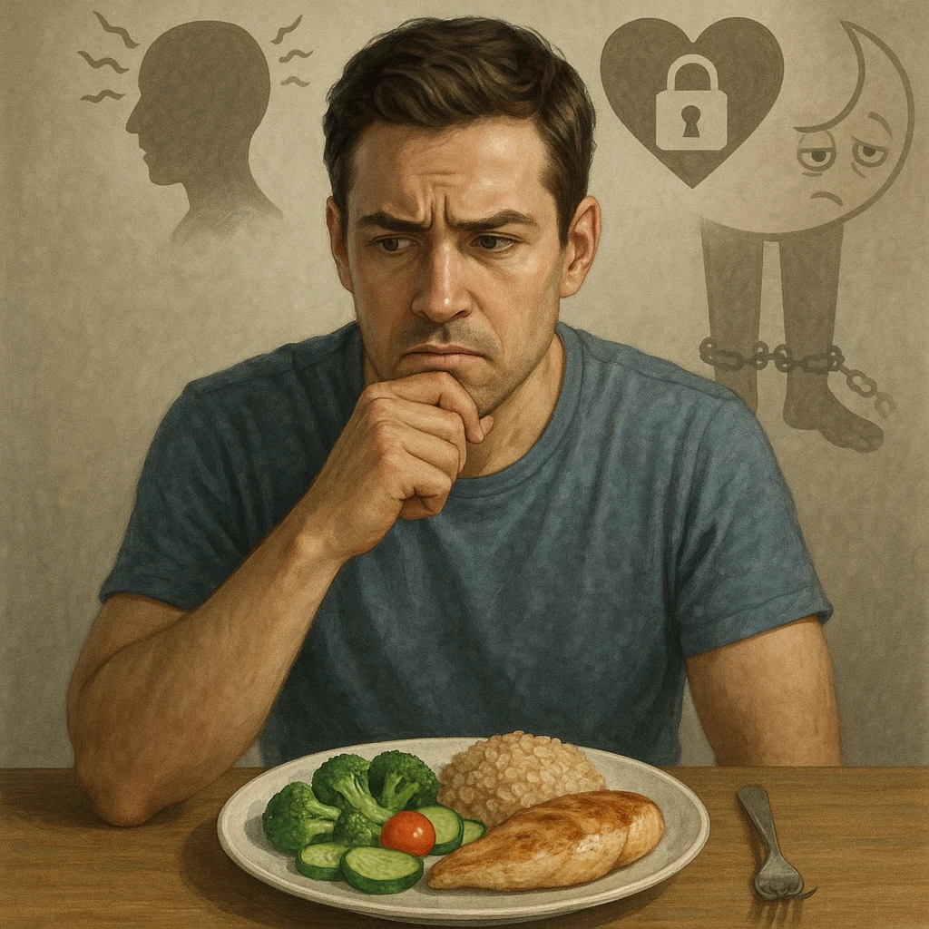 Realistic style illustration of a 30-year-old thoughtful man sitting at a table in front of a healthy plate with vegetables, brown rice, and chicken. He has a suspicious and worried expression towards the food. Behind him, transparent and blurred symbolic elements: a stylized head with vibrating lines representing stress, a heart locked with a padlock representing repressed emotions, a moon with tired eyes representing insomnia, and still legs with chains representing sedentariness. Neutral atmosphere, realistic with symbolic touch. emoji