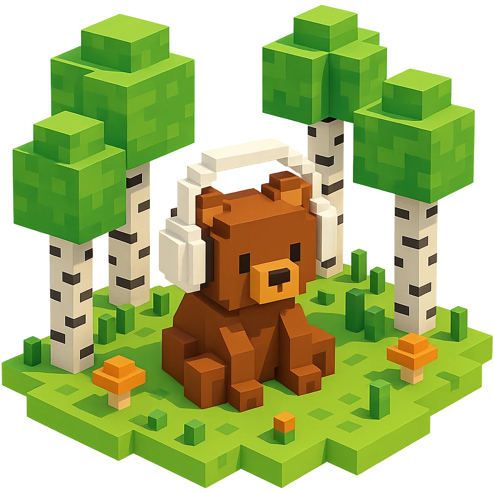 березовый лес, в котором сидит бурый медвежонок в белых наушниках (наушники должны закрывать уши медведя), no background  emoji