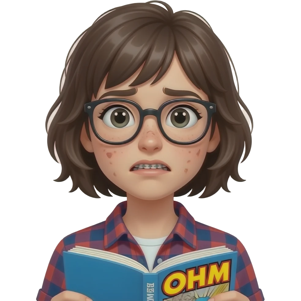 Awkward nerdy teen girl with glasses and braces and acne holding a comic book emoji