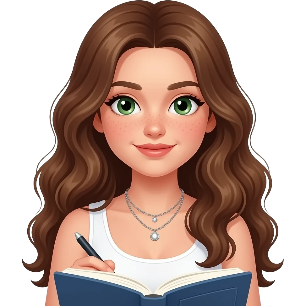 CUTE PALE GIRL PREPPY WITH not volominous WITH WAVEY LONG BROWN HAIR, FRECKLES AND GREEN EYES IN CUTE WHITE TOP WITH SILVER NECKLES, STUDY GIRL emoji