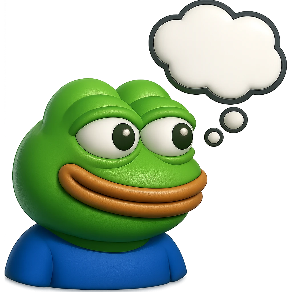make a pepe in bright green smiling with thought bubble looking at right side in 3d style, good highlights and shadows, drop shadows emoji