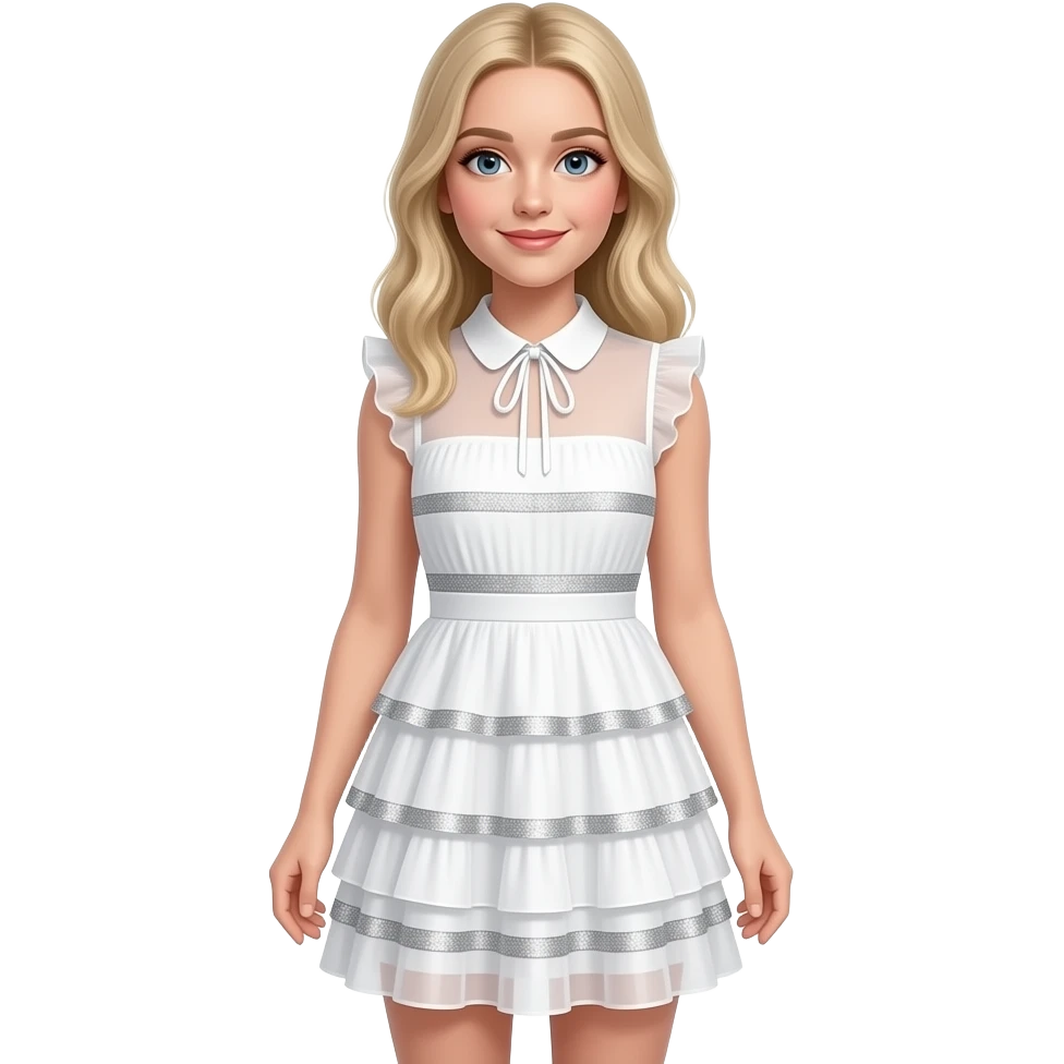 Sabrina carpenter blonde hair wearing a A white, sheer, sleeveless mini dress or tunic. It features a ruffled neckline with a delicate tie at the center and a tiered, pleated skirt. The garment is accented with horizontal bands of silver glitter or sequin trim along the bodice and the ruffled tiers. emoji