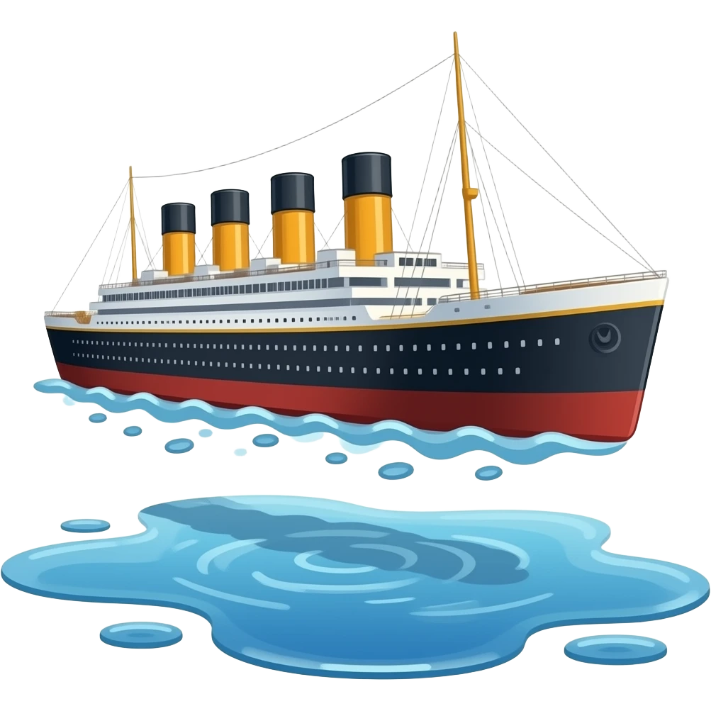 ship Titanic flies over a shallow puddle of water emoji