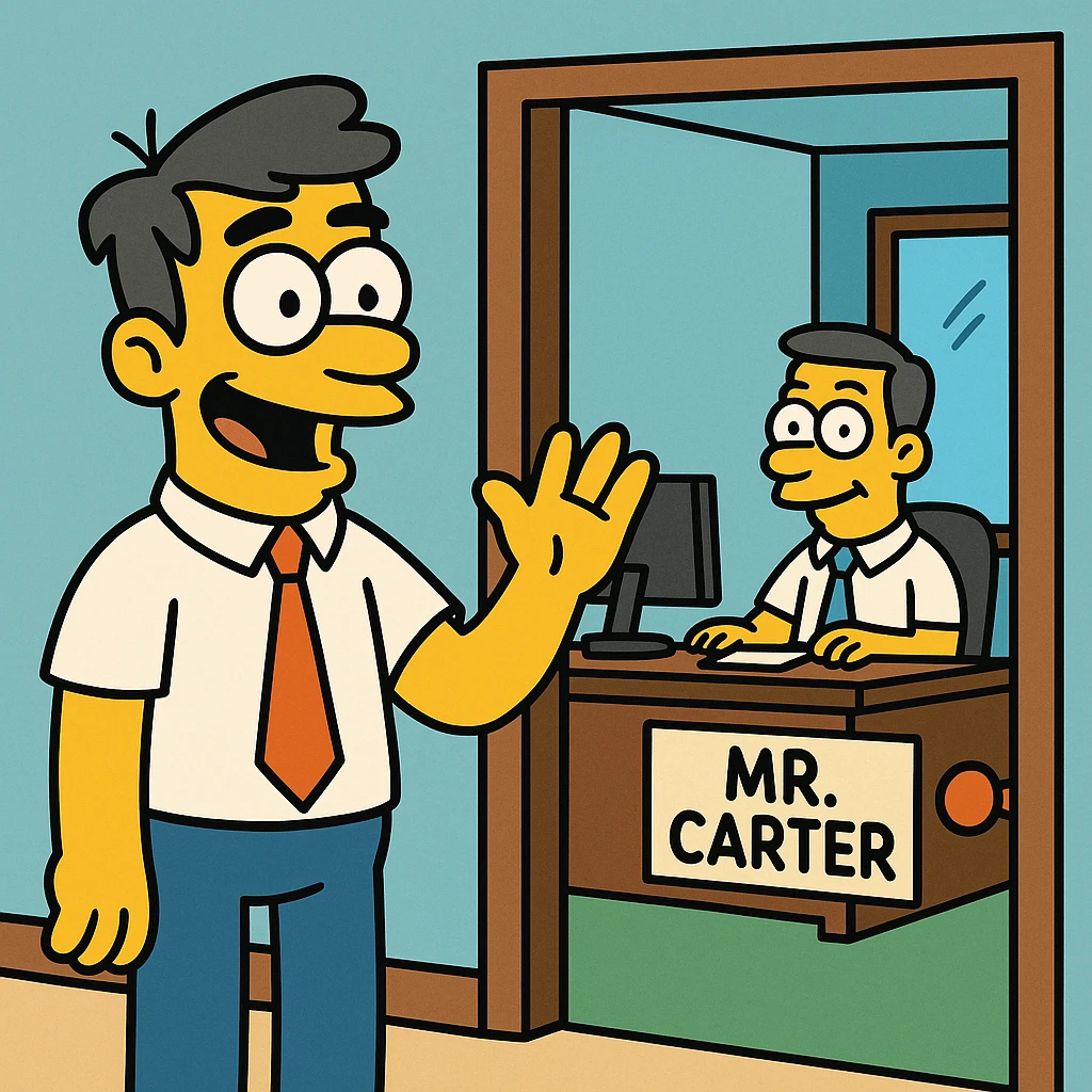 He had a personalized nameplate on his office door. 1 person inside the office building emoji