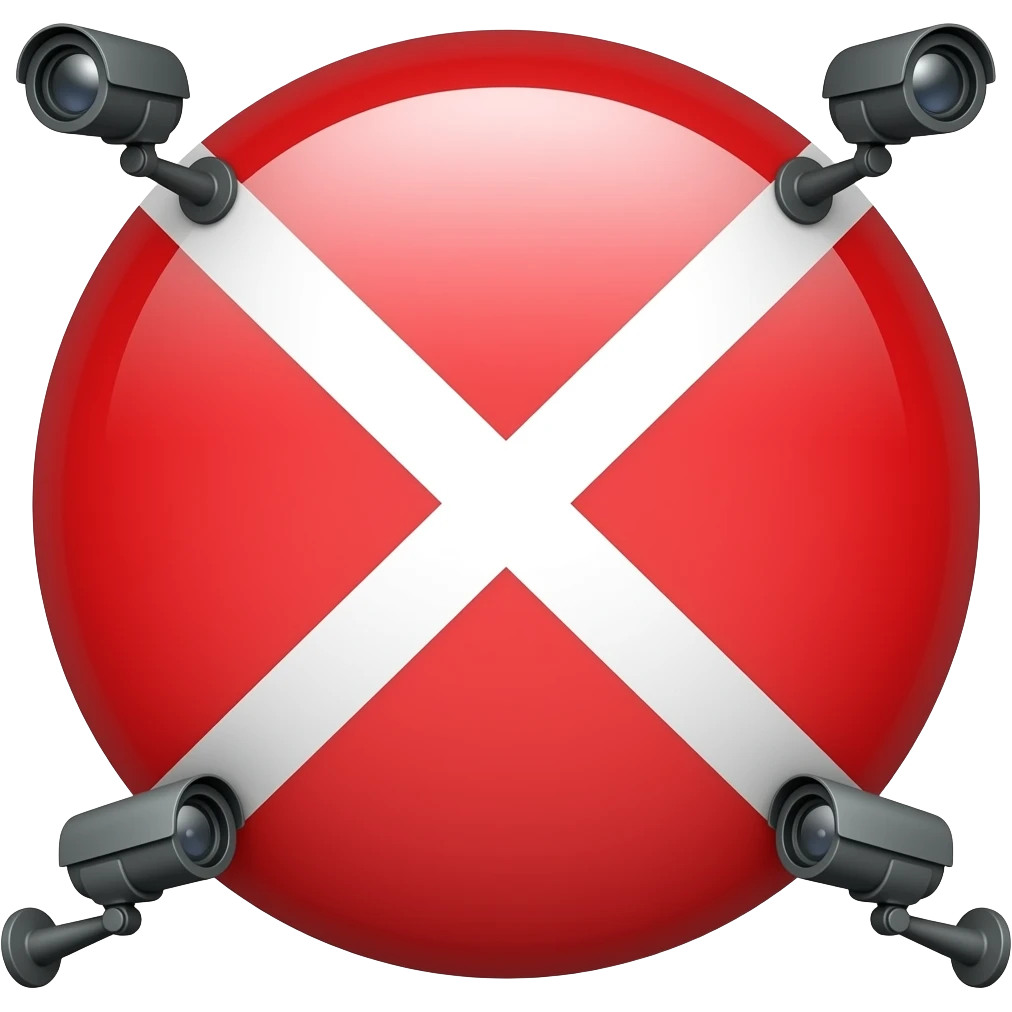 Red filled circle with white X, CCTV on end points of X emoji