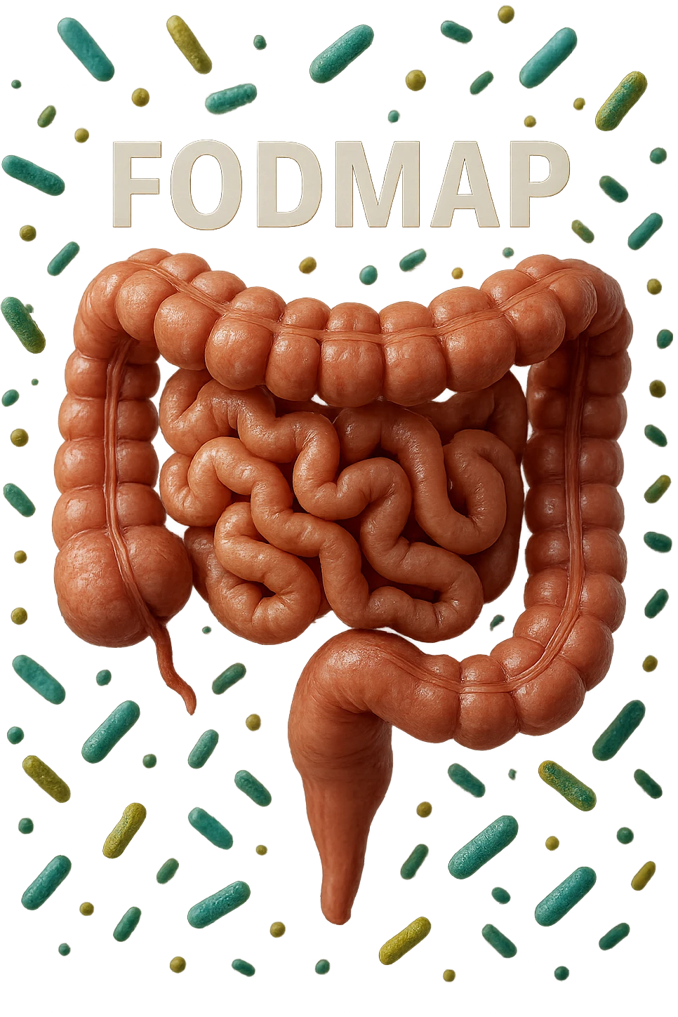 intestino umano anatomico con parole FODMAP CHE GLI FLUTTUANO INTORNO INSIEME A BATTERI INTESTINALI, iperrealistica 4k emoji