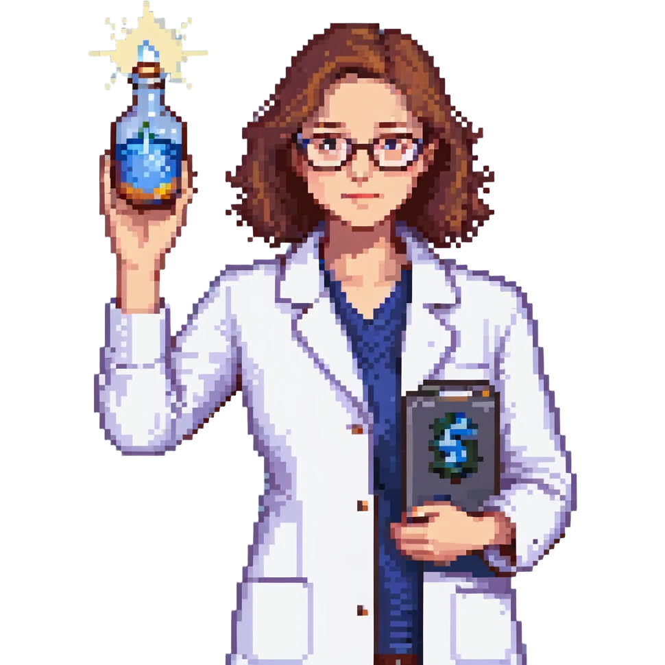 Flat pixel art, a female chemist, wearing glasses, white lab coat over indigo shirt, focusing on lab experiment, holding a flash in her right hand, waist-up, front-facing emoji