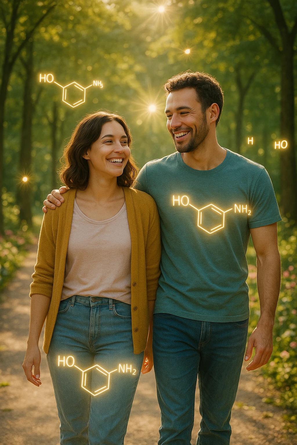a smiling man and woman walk together along a sunlit park path, surrounded by green trees and blooming flowers. Sunbeams gently illuminate their faces, and subtle, glowing dopamine symbols float around them, symbolizing natural, healthy pleasure. The mood is uplifting and serene. emoji