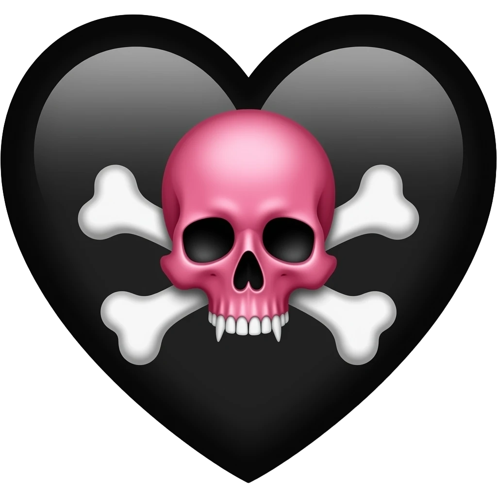 Hot Pink skull and crossbones on black heart emoji