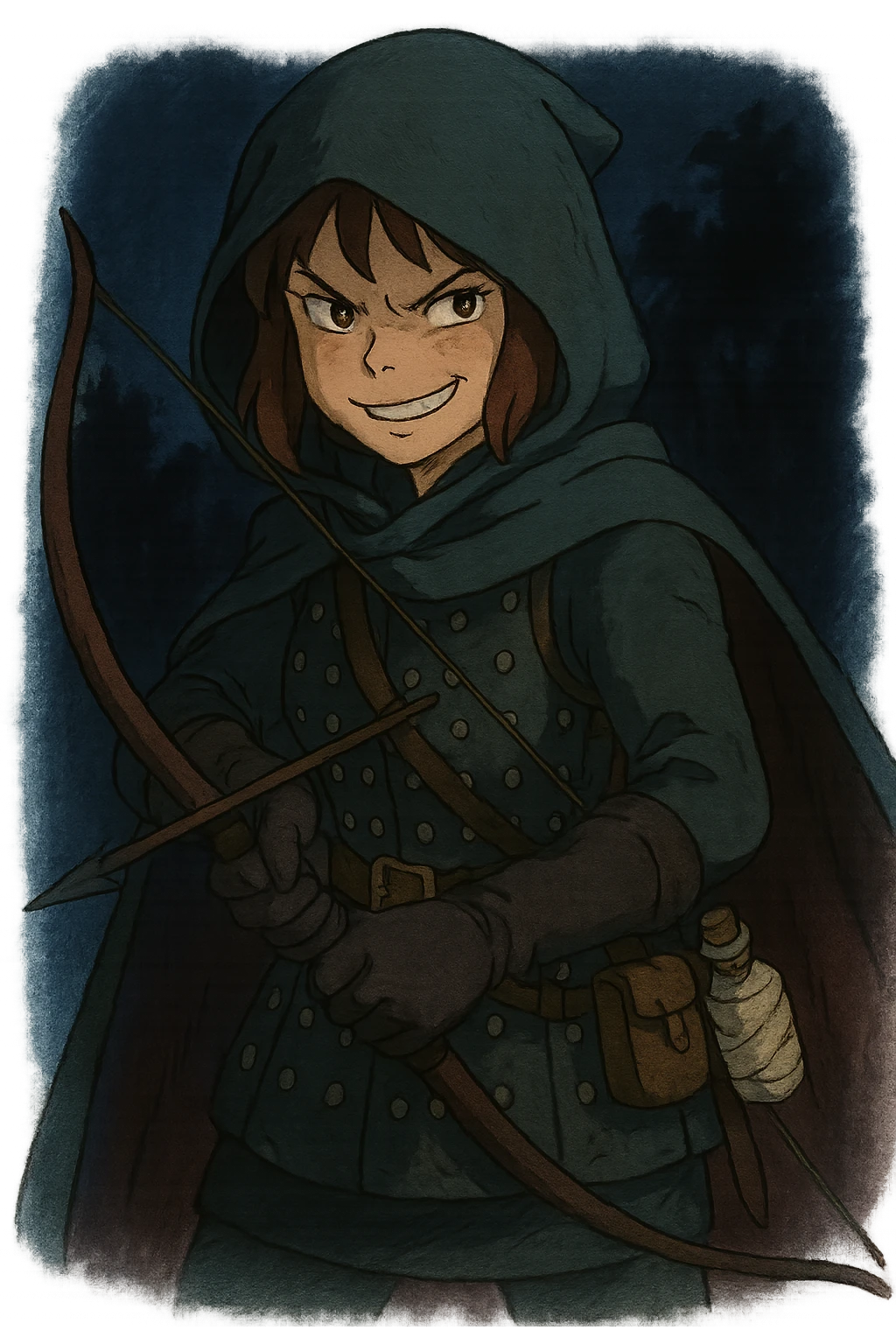 A female rouge , colored hood, wearing brigandine armor with, bow and arrow at the ready, night time shadows, tool belt with red potion and bandages, mischievous grin, anger emoji