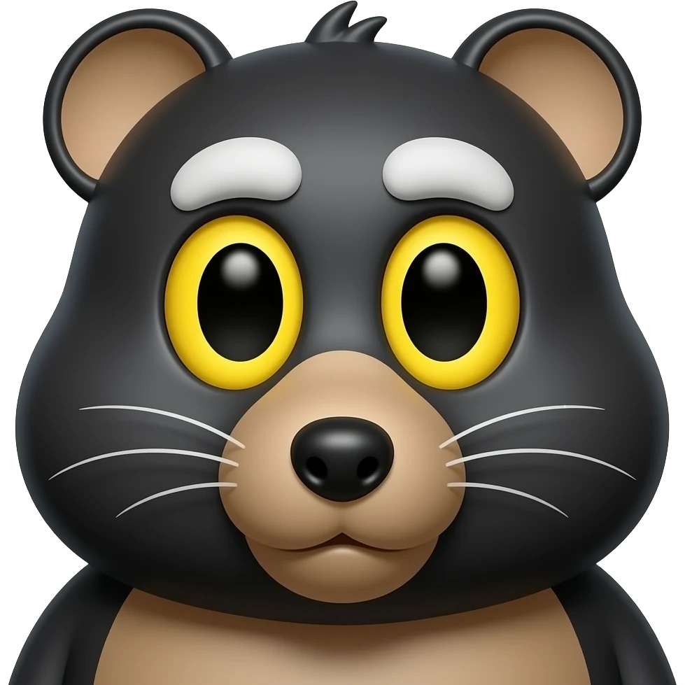 Hazme un emoji de como un topo pero que sea de color negro gordito con nariz de perro y con orejas de topo y que sus ojos esten como abiertos color amarillo y cejas blancas emoji