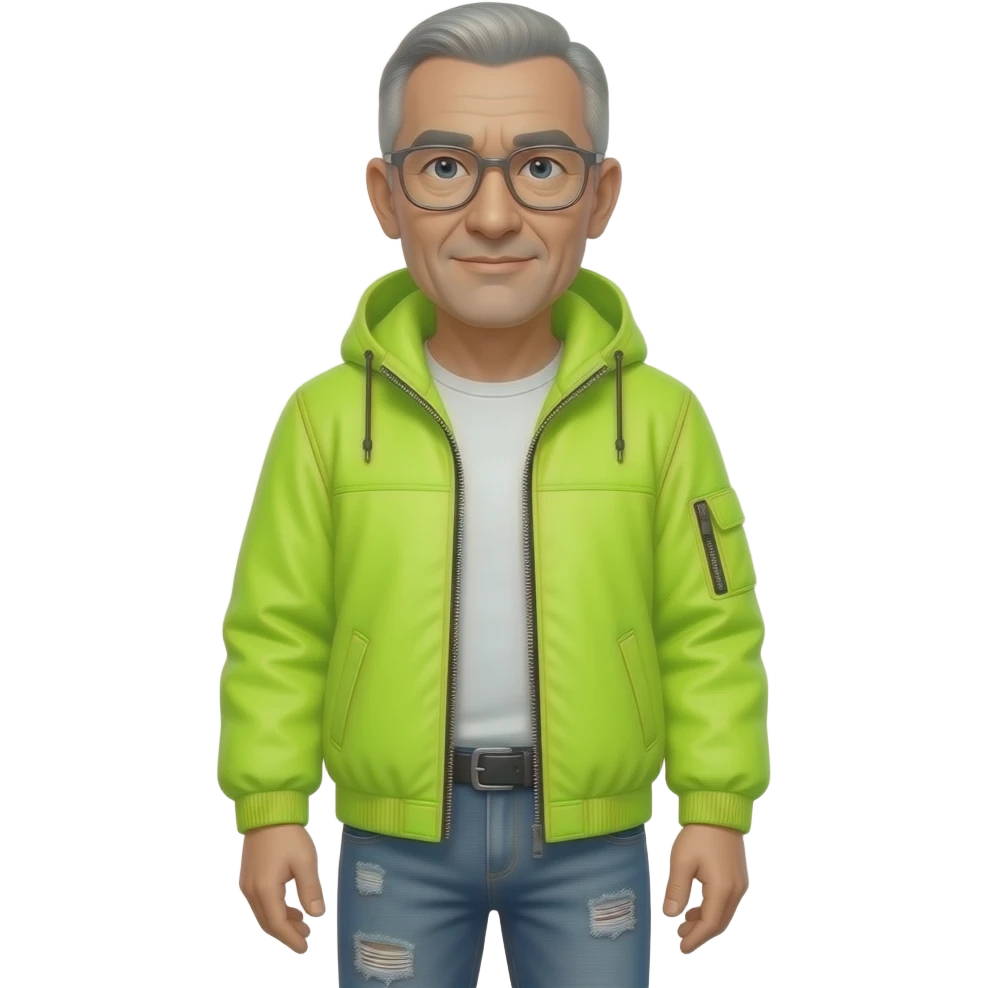 full-length photo of extreme streetwear clean-shaven face cool boy metal-framed glasses ery entellectual man, 65 years old, street wear stubble, shaved short with clippers emoji
