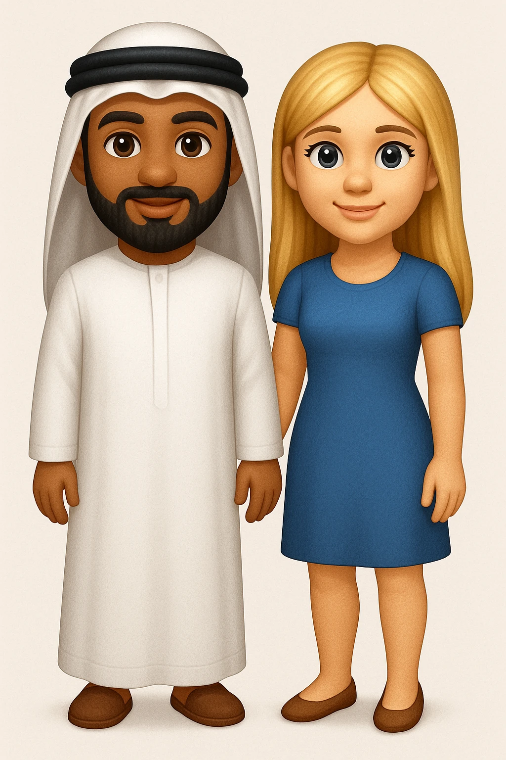 Сгенерируй мне в стиле детализированного емодзи пару, где мужчина с черной бородой и в арабском одеянии и чуть со смуглой кожей, а девушка чистая славянка, блондинка. В ПОЛНЫЙ РОСТ ОНИ И НЕ КАСАЮТСЯ КРАЕВ ИЗОБРАЖЕНИЯ emoji