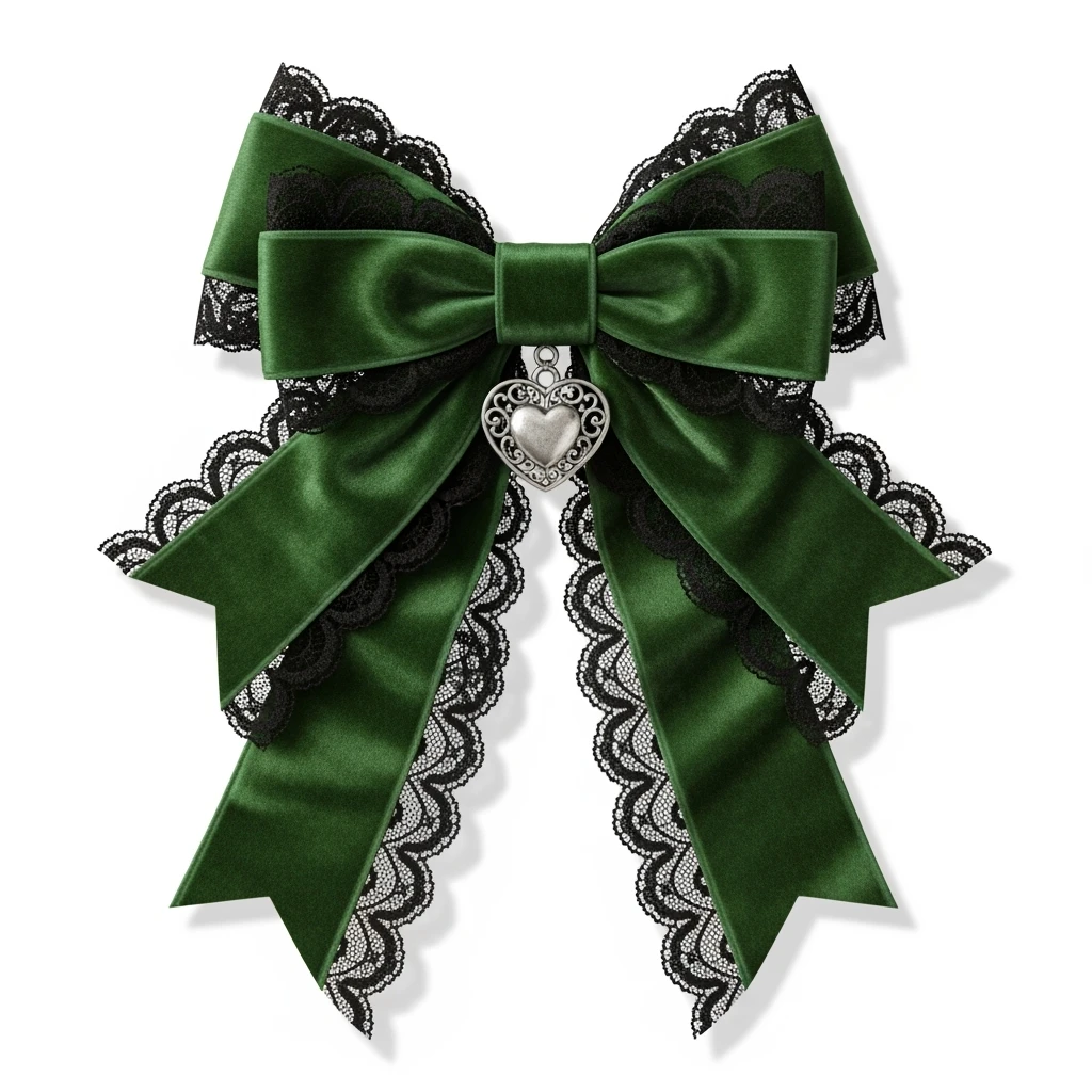 green gothic bow with black lace trim and heart charm, remove background emoji