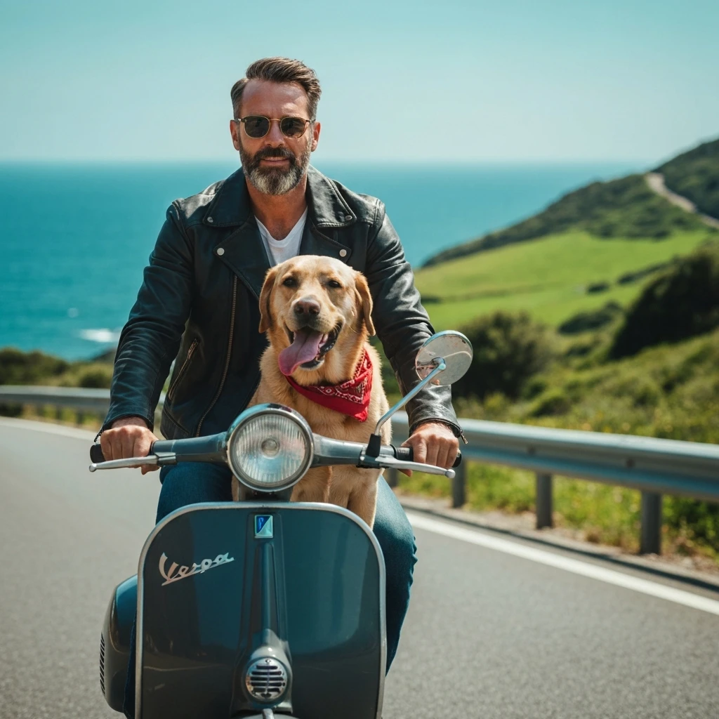 man and his pet dog riding a vespa emoji